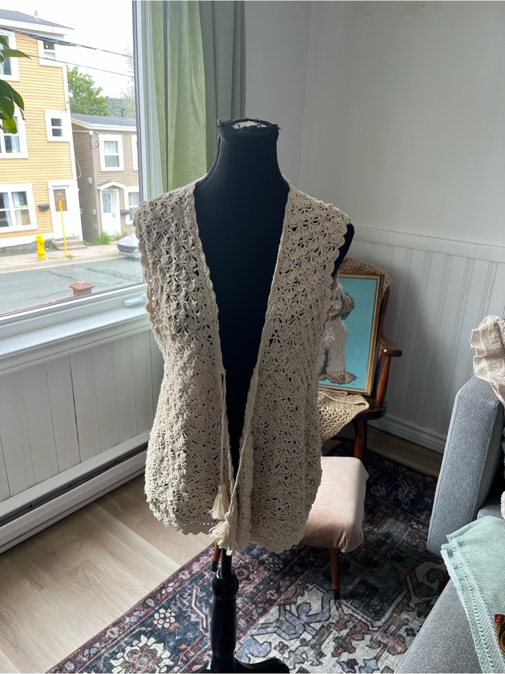Women’s Vintage Crochet Open Vest in Cream XL
